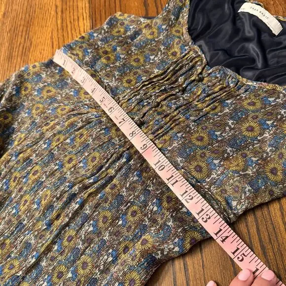 Zara Basic Floral Midi Dress M Sleeveless Boho Ruched Bodice Peasant Cottagecore - Picture 9 of 11